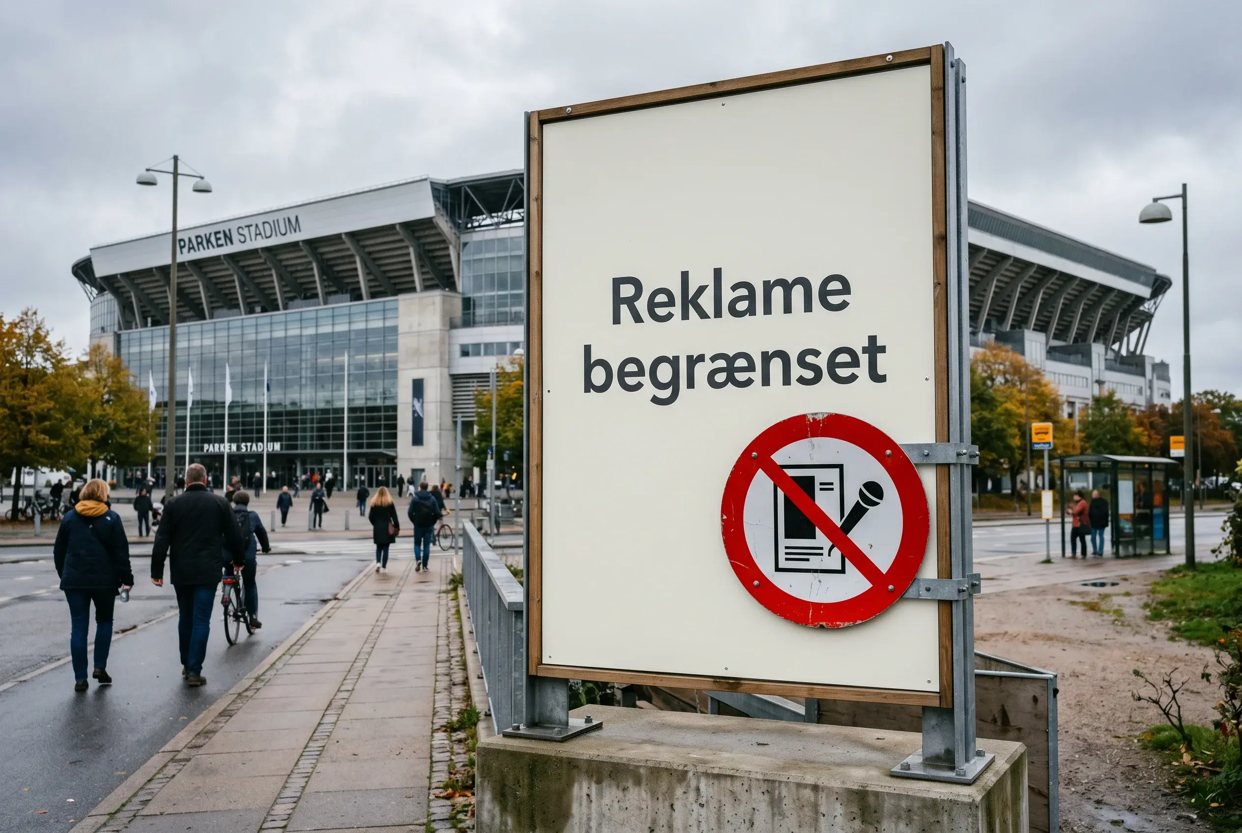 Et reklameskilt med et forbudsskilt foran en sportsstadion