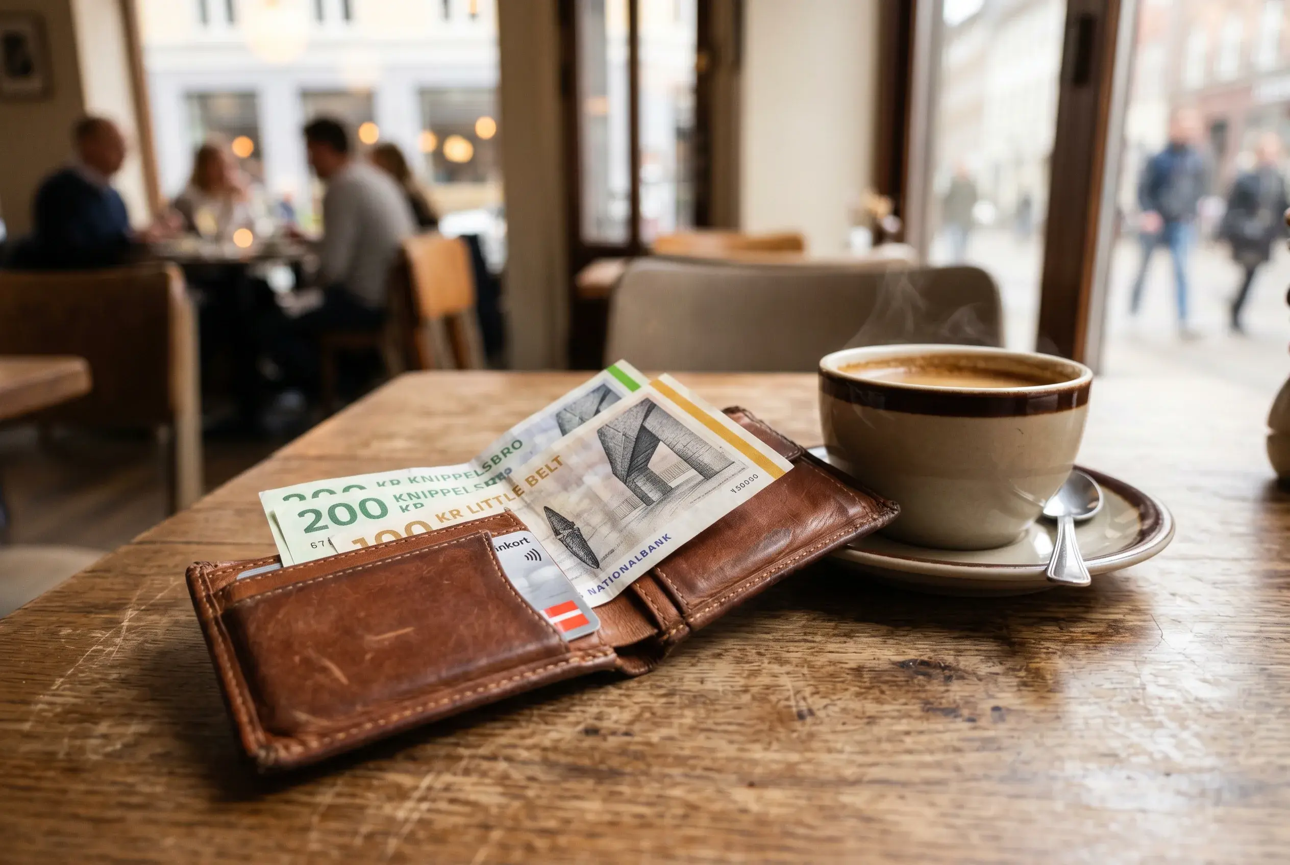 En tegnebog med danske pengesedler på et bord med en kop kaffe