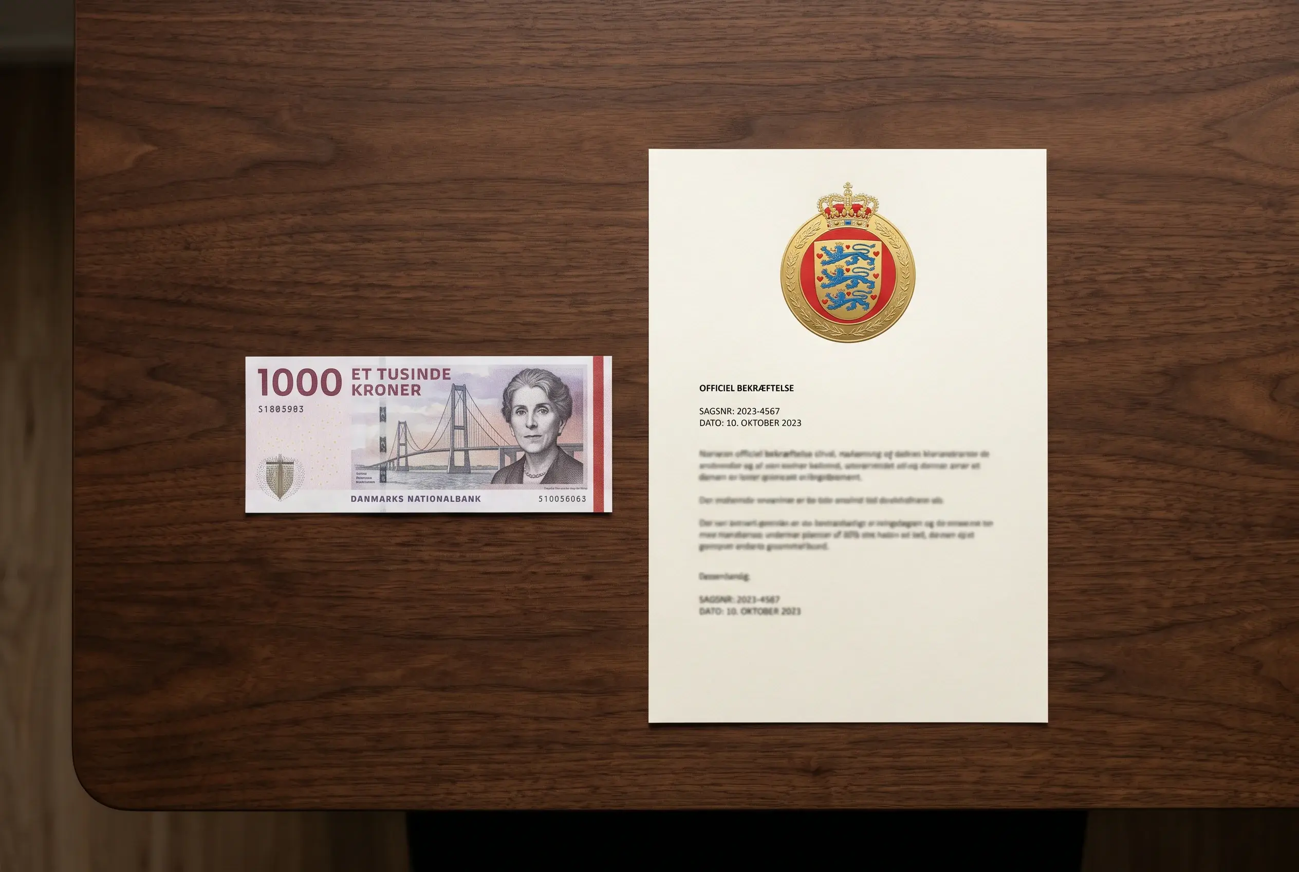 En dansk tusindkroneseddel ved siden af et lovdokument på et skrivebord