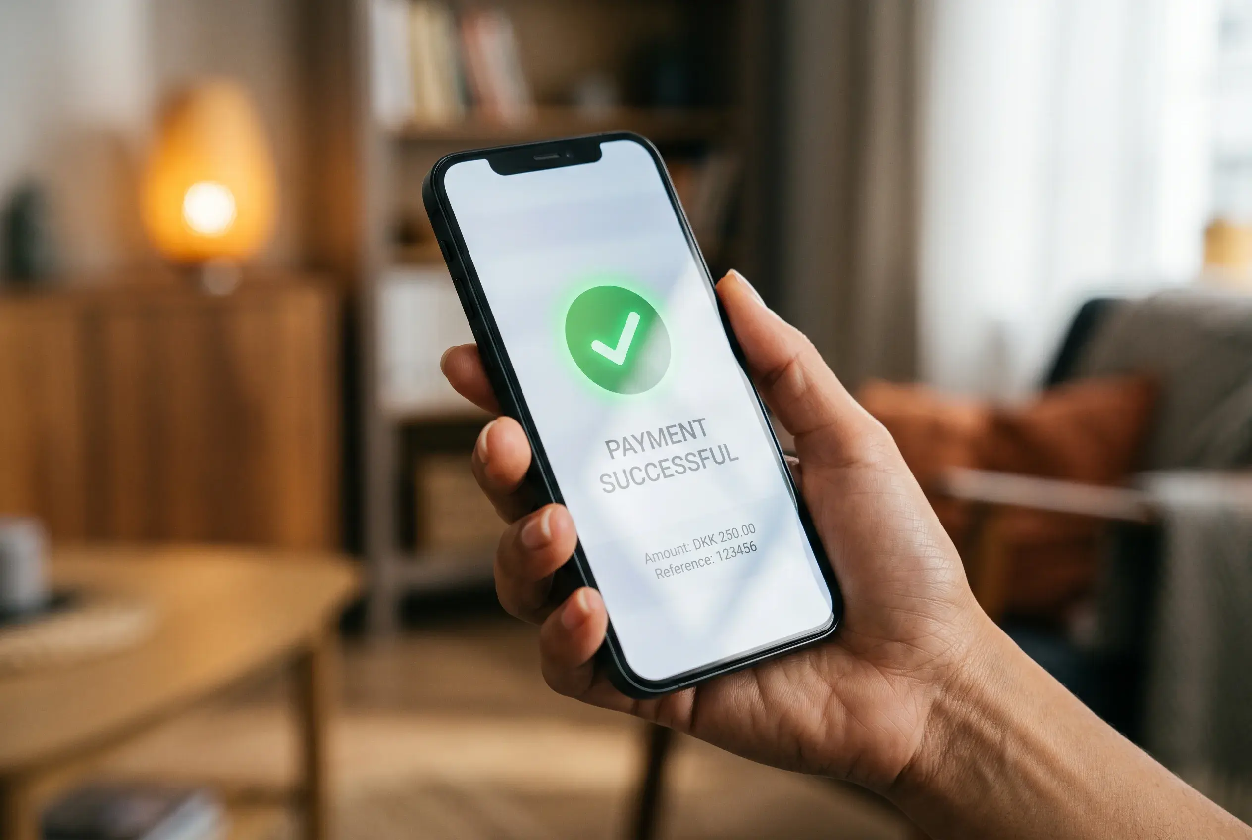 En smartphone med en betalingsapp åben på en persons hånd