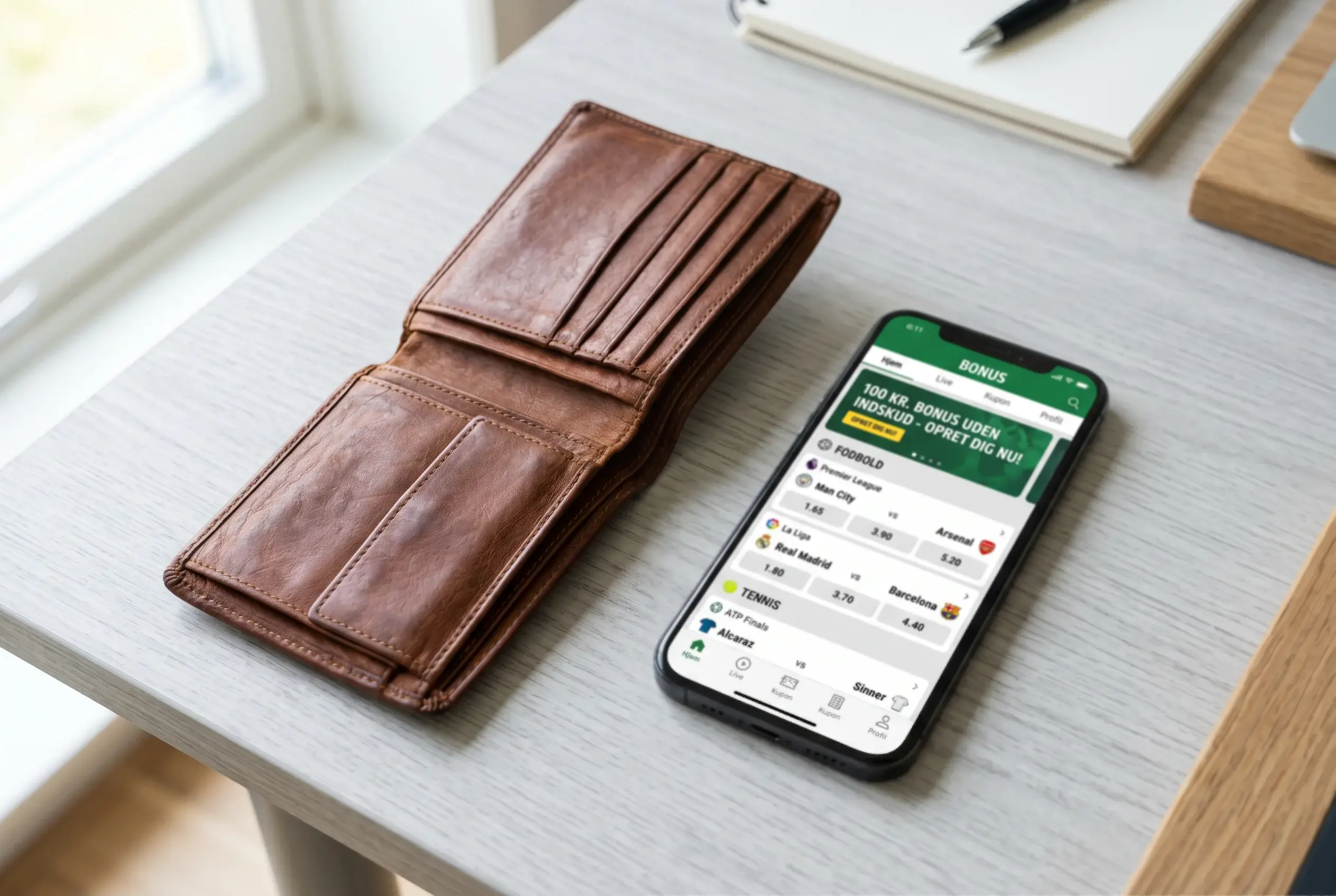 En tom tegnebog ved siden af en smartphone der viser en bookmaker-app