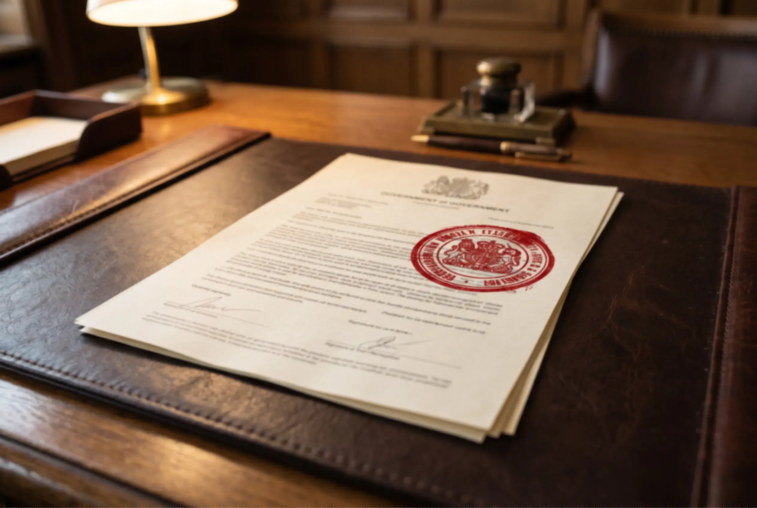 Et officielt dokument med et stempel på et skrivebord i et kontor