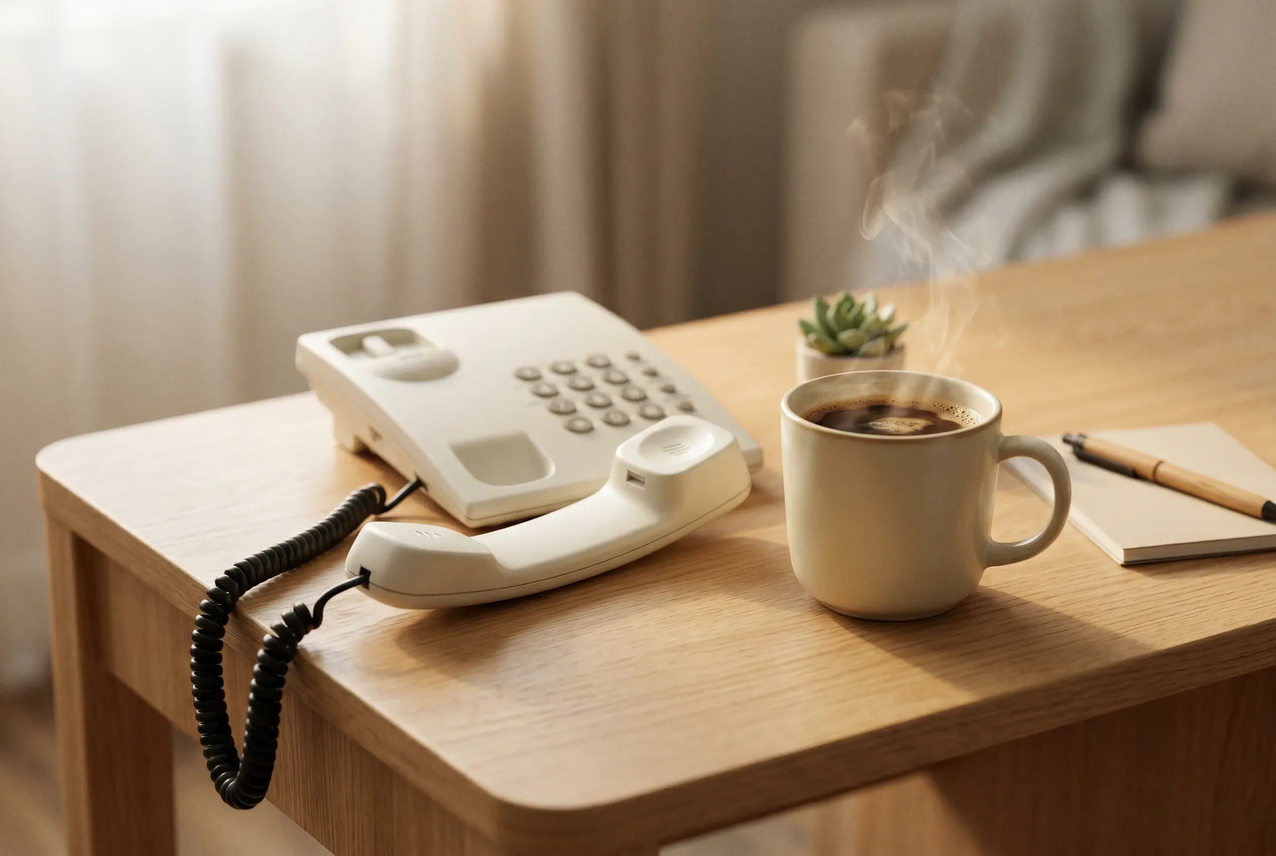 Et telefonrør ved siden af en varm kop kaffe på et roligt skrivebord